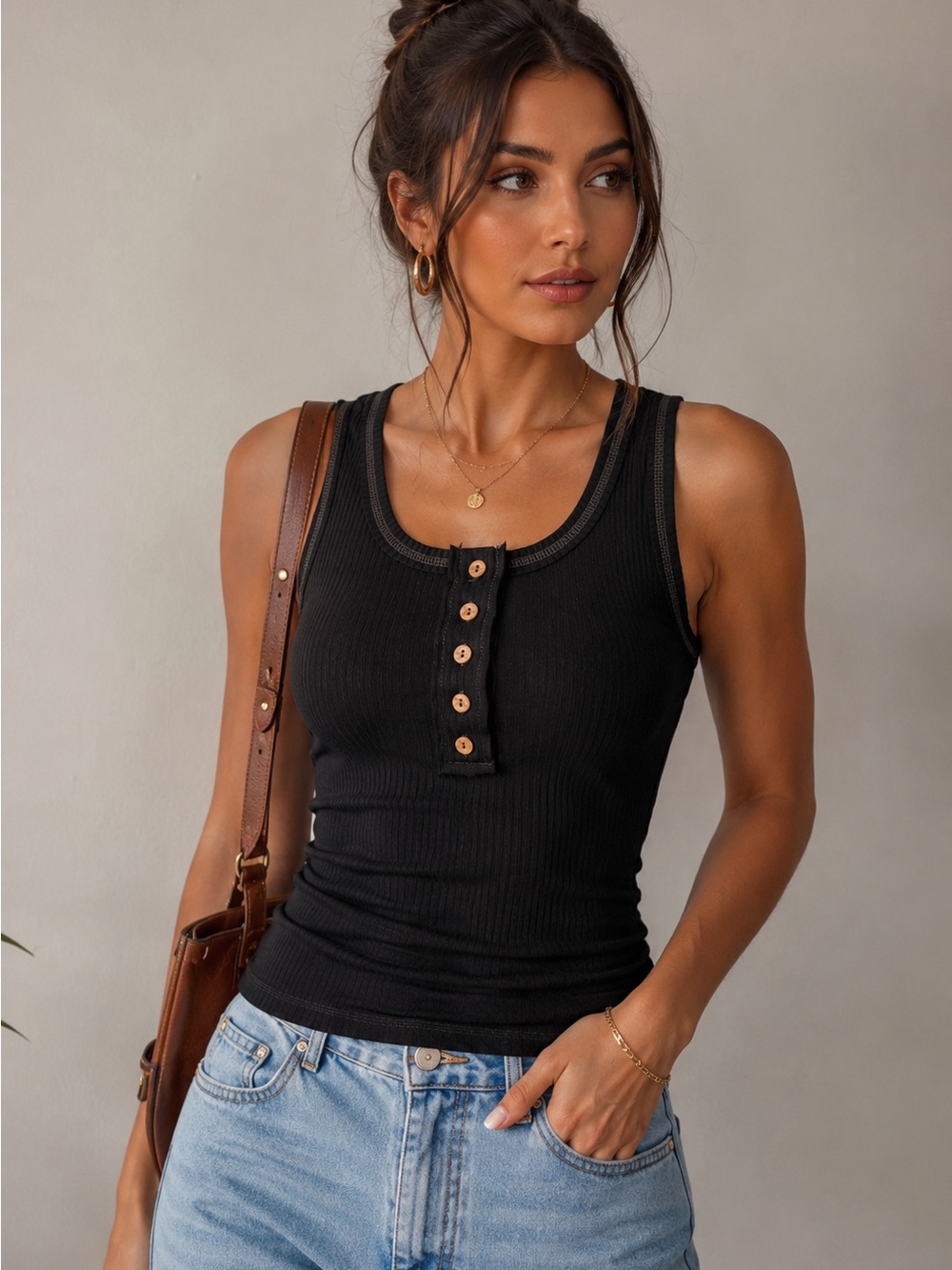 Zenana Outfitters Black Ribbed Henley Tank with Wood Buttons